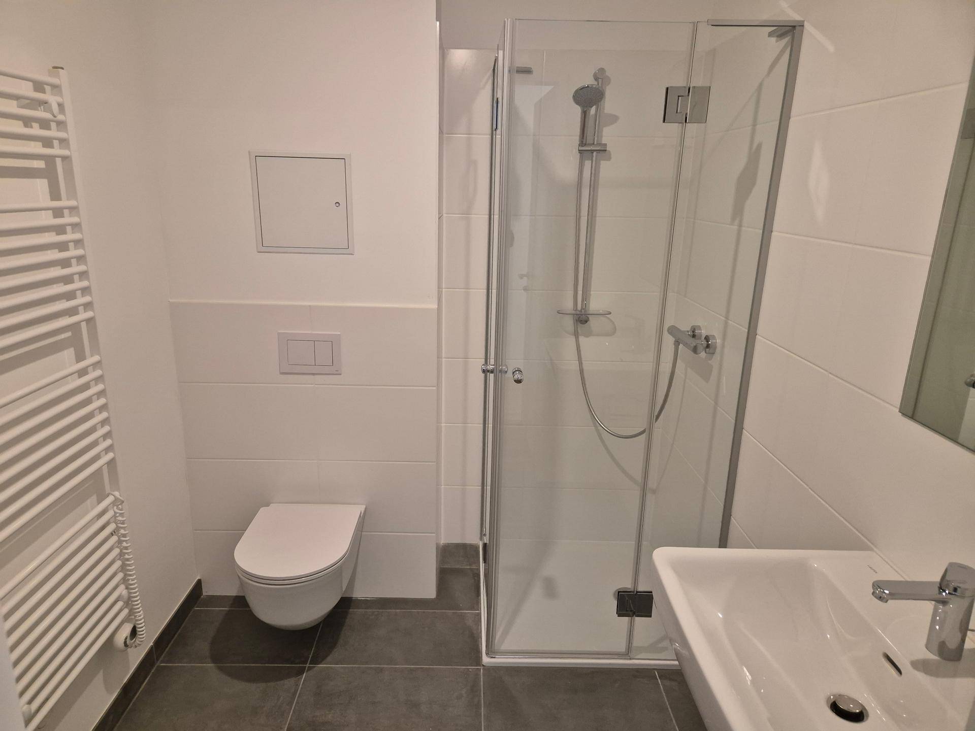 Modernes Badezimmer mit Dusche, wandhängendem WC, Waschbecken und Handtuchheizkörper.