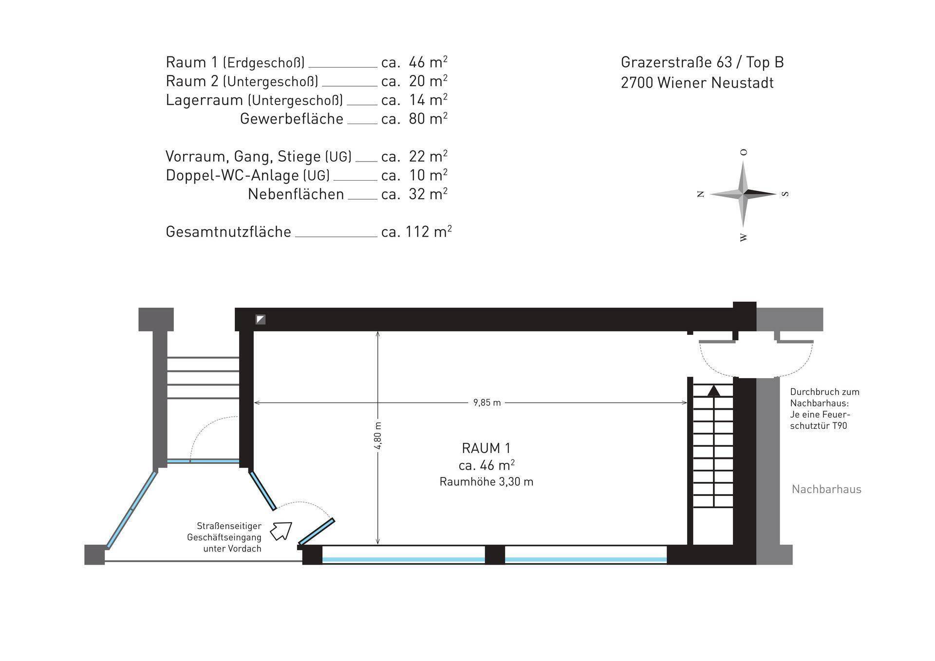Grundriss des Erdgeschosses mit großem, offenem Gewerberaum und Schaufensterfront.