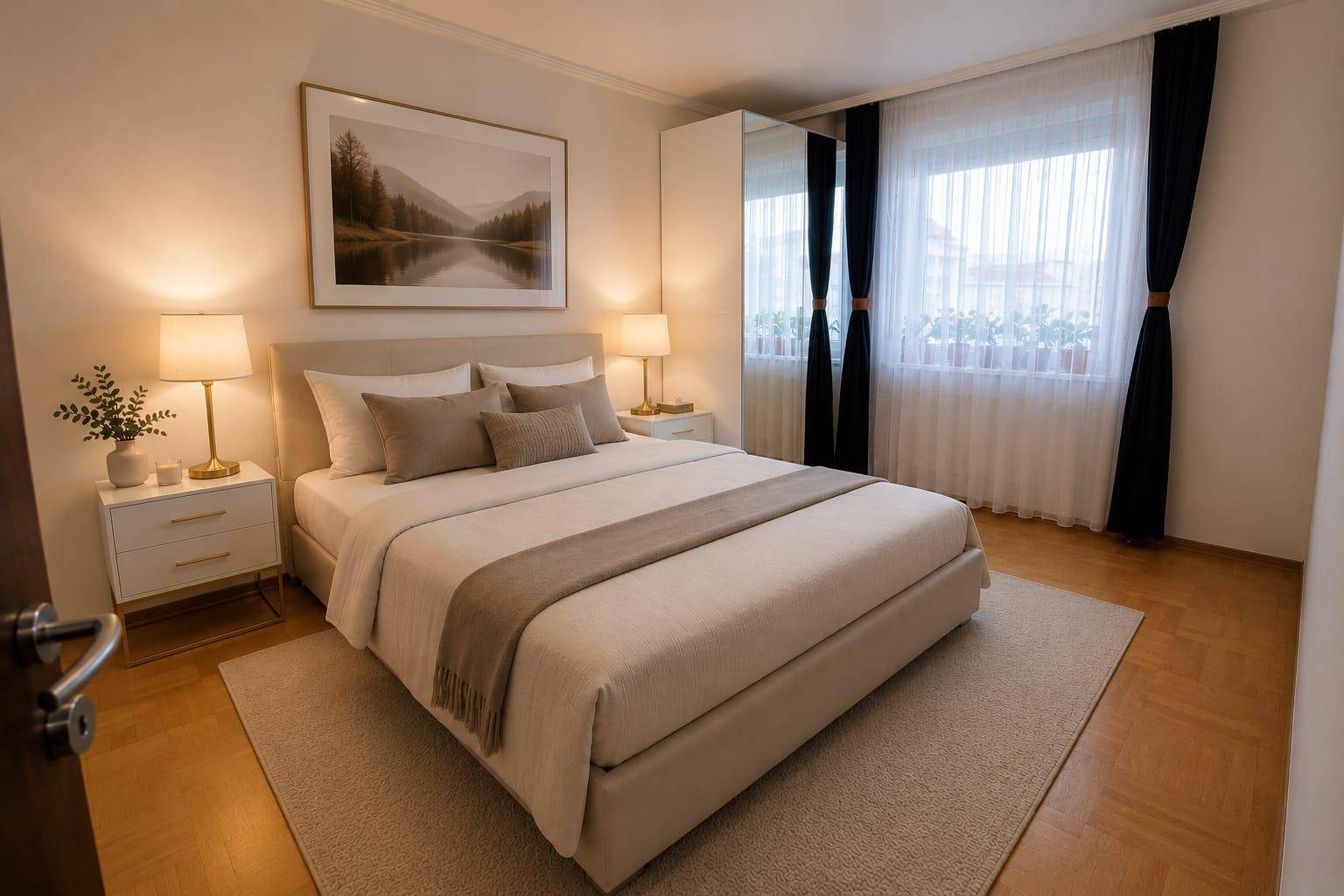 Helles Schlafzimmer mit großem Doppelbett, Nachttischen und einem Kleiderschrank mit Spiegeltür.