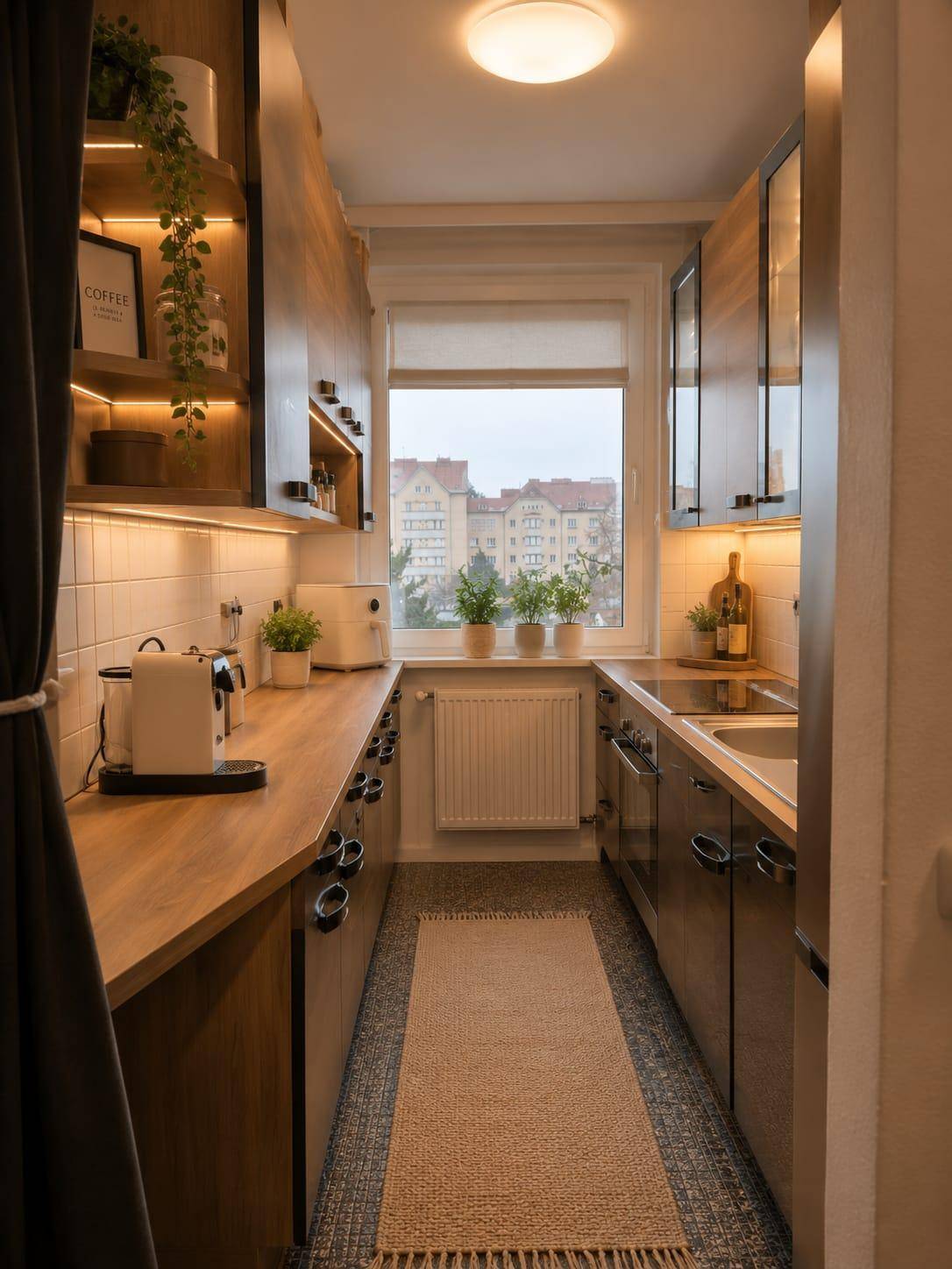 Schmale, moderne Küche mit Holzfronten, Einbaugeräten und Fenster mit Stadtblick.