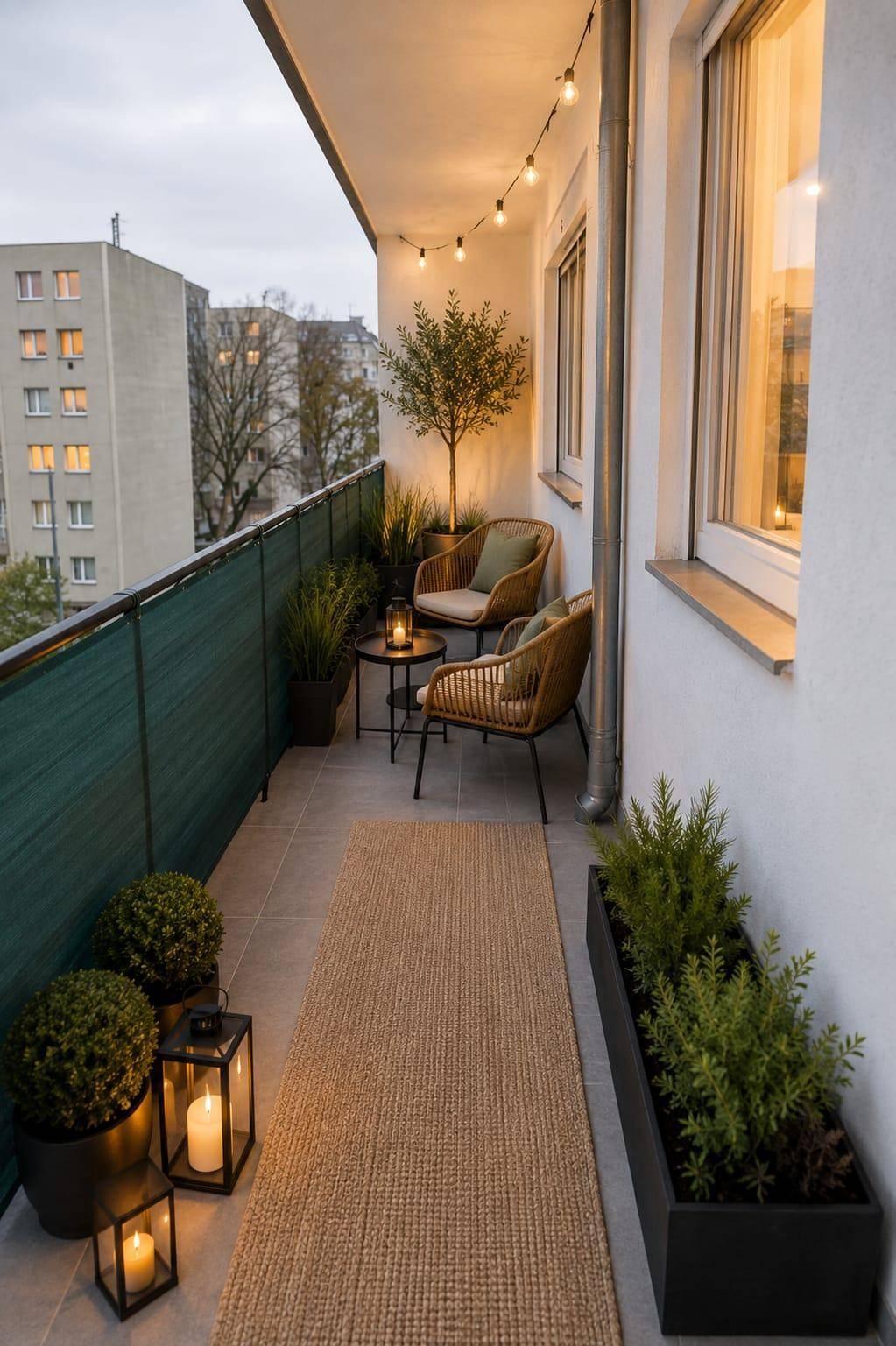 Gemütlicher Balkon mit Sitzgelegenheiten, Pflanzen und Lichterkette für entspannte Abende.