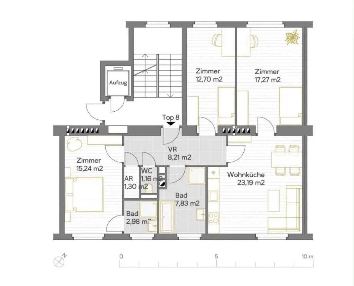 Detaillierter Grundriss einer Wohnung mit drei Zimmern, zwei Bädern und offener Wohnküche.