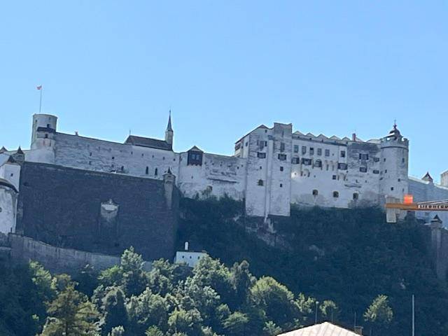 Beeindruckende historische Festung auf einem Hügel, umgeben von grünen Bäumen unter blauem Himmel.