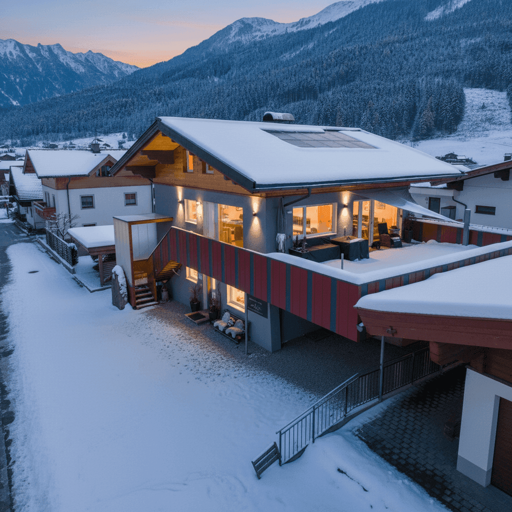 Gebäude in winterlicher Abendstimmung mit beleuchteten Fenstern und verschneiter Umgebung.
