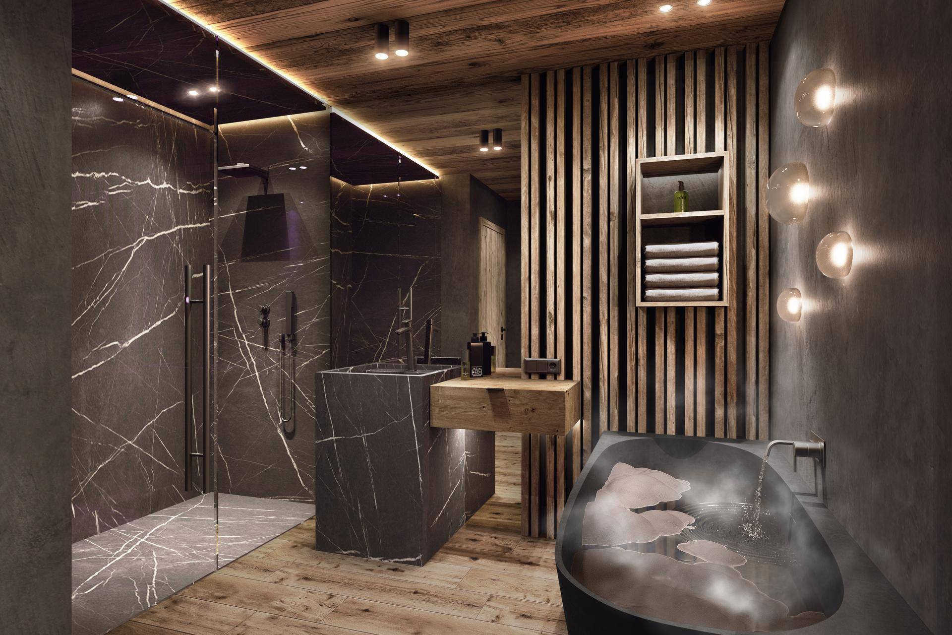 Luxuriöses Badezimmer mit dunklem Marmor, begehbarer Dusche, freistehender Wanne und eleganten Holzakzenten.