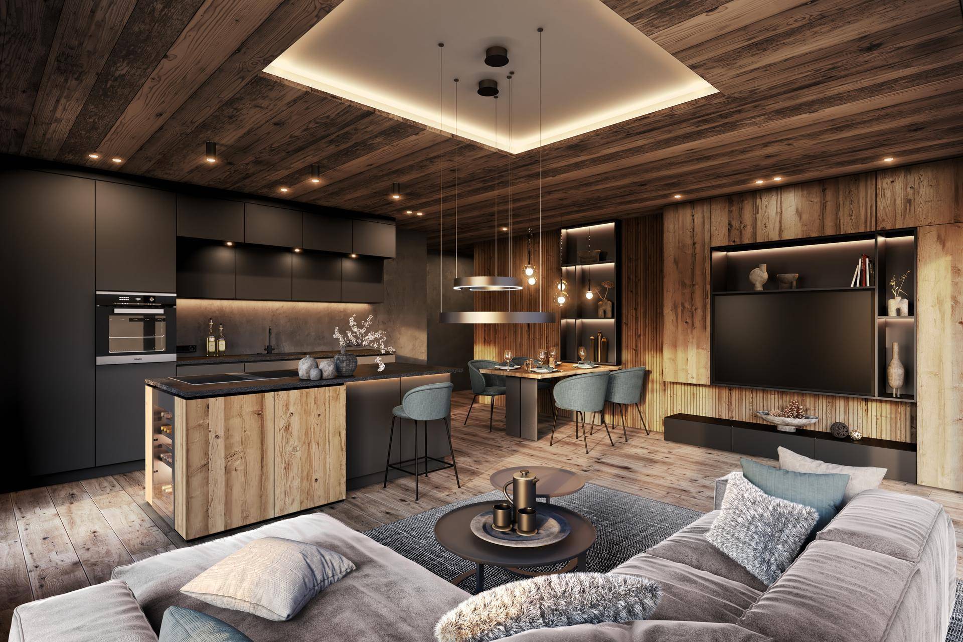 Luxuriöses offenes Wohn-Esszimmer mit dunkler Einbauküche, Holzakzenten und gemütlicher Sitzecke.