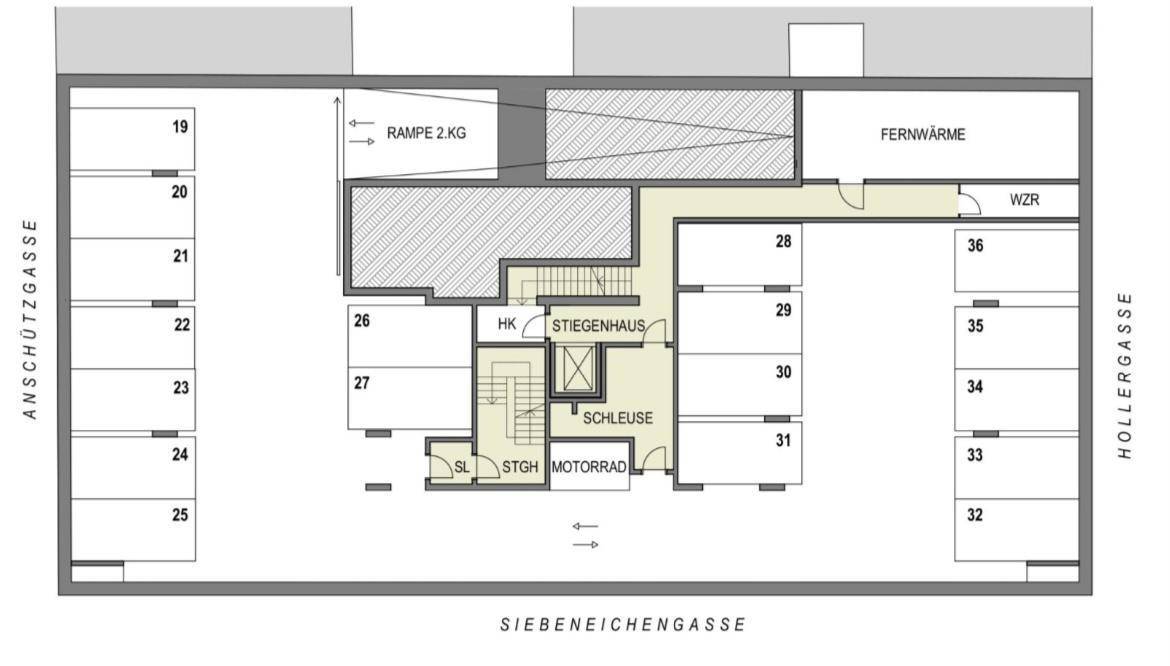 Grundriss des Untergeschosses mit Tiefgaragenstellplätzen, Rampe und Zugang zum Stiegenhaus.