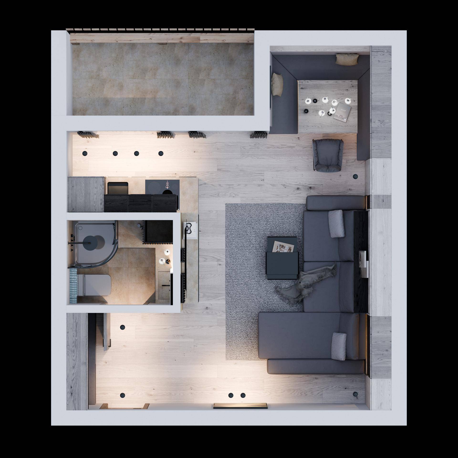 Detaillierter Grundriss einer Studio-Wohnung mit Wohn-, Schlaf- und Essbereich sowie Balkon.