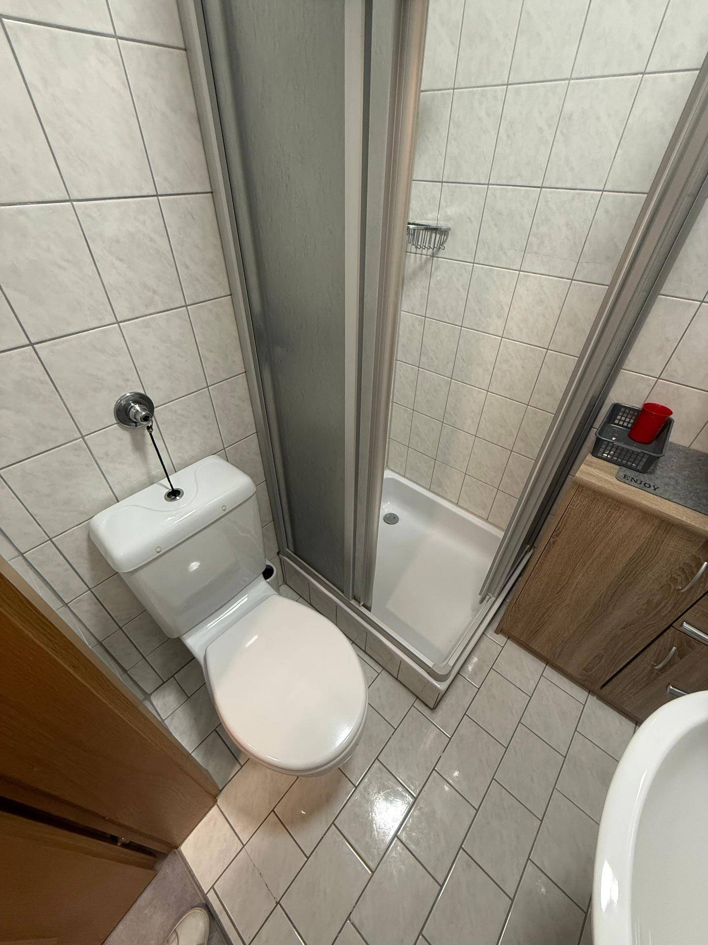 Einfaches Badezimmer mit Duschkabine, WC und hellen Bodenfliesen.