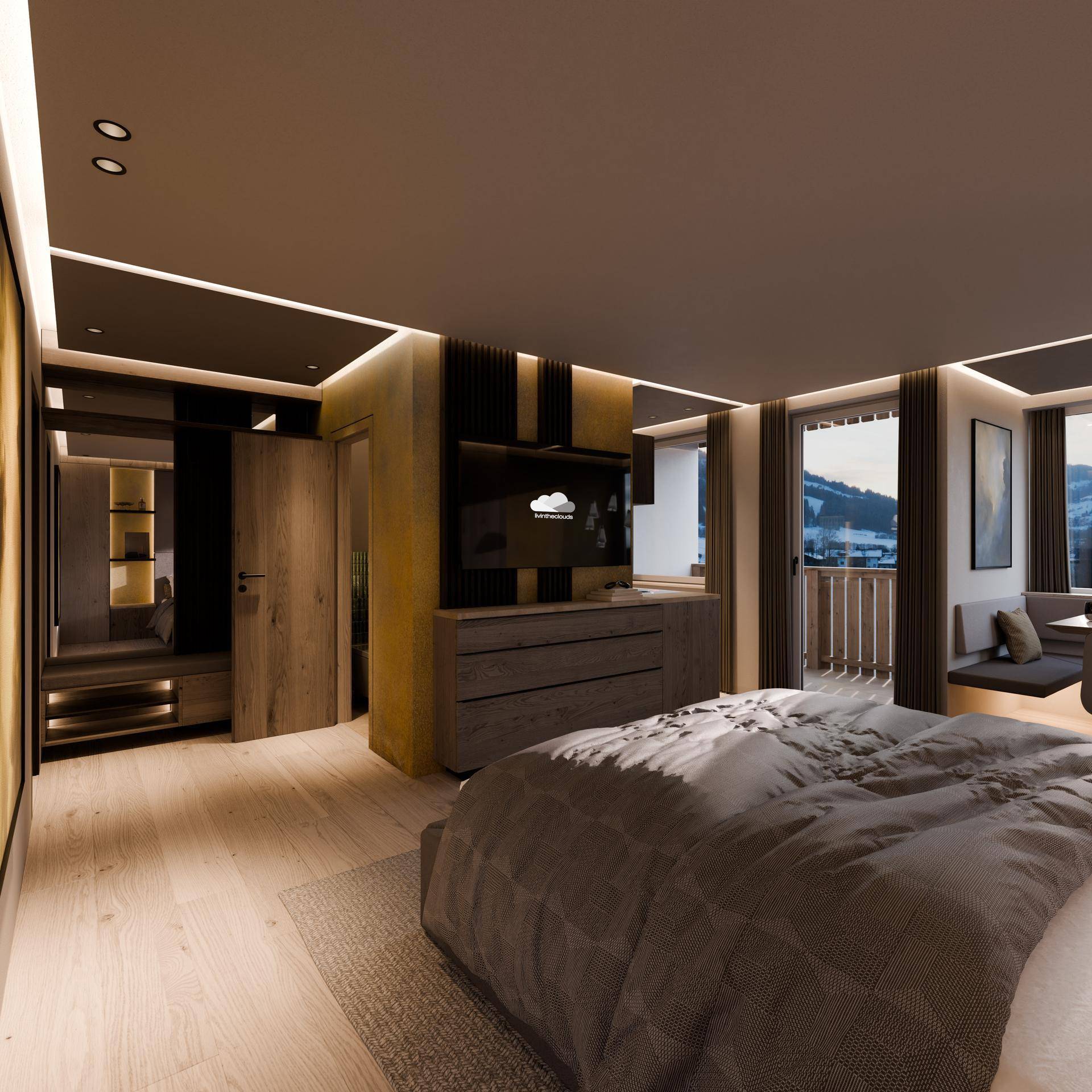 Geräumiges Schlafzimmer mit TV-Möbel, Holzakzenten und Bergblick vom Balkon.