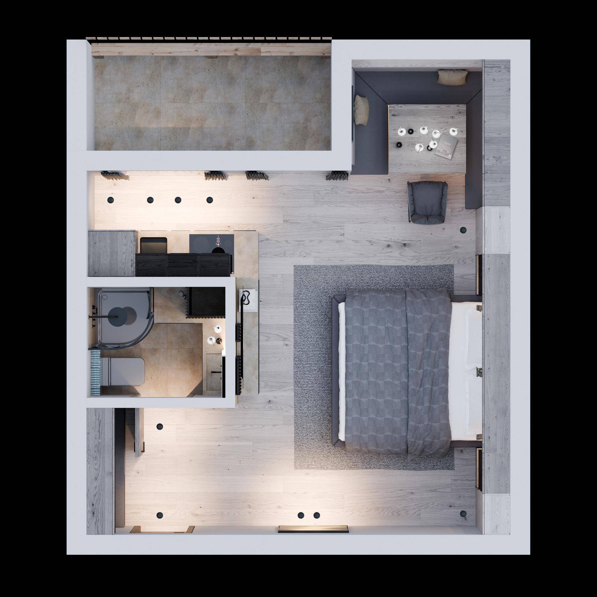Grundriss einer modernen Studio-Wohnung mit Schlafbereich, Bad und Balkon.