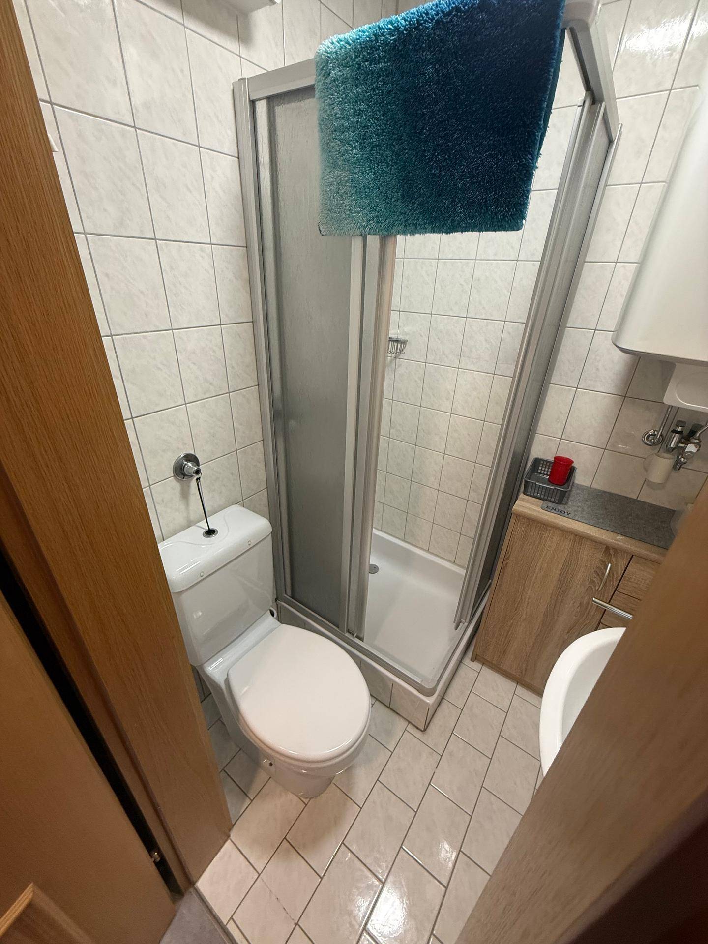 Kleines Badezimmer mit Duschkabine, WC und weißen Wandfliesen.