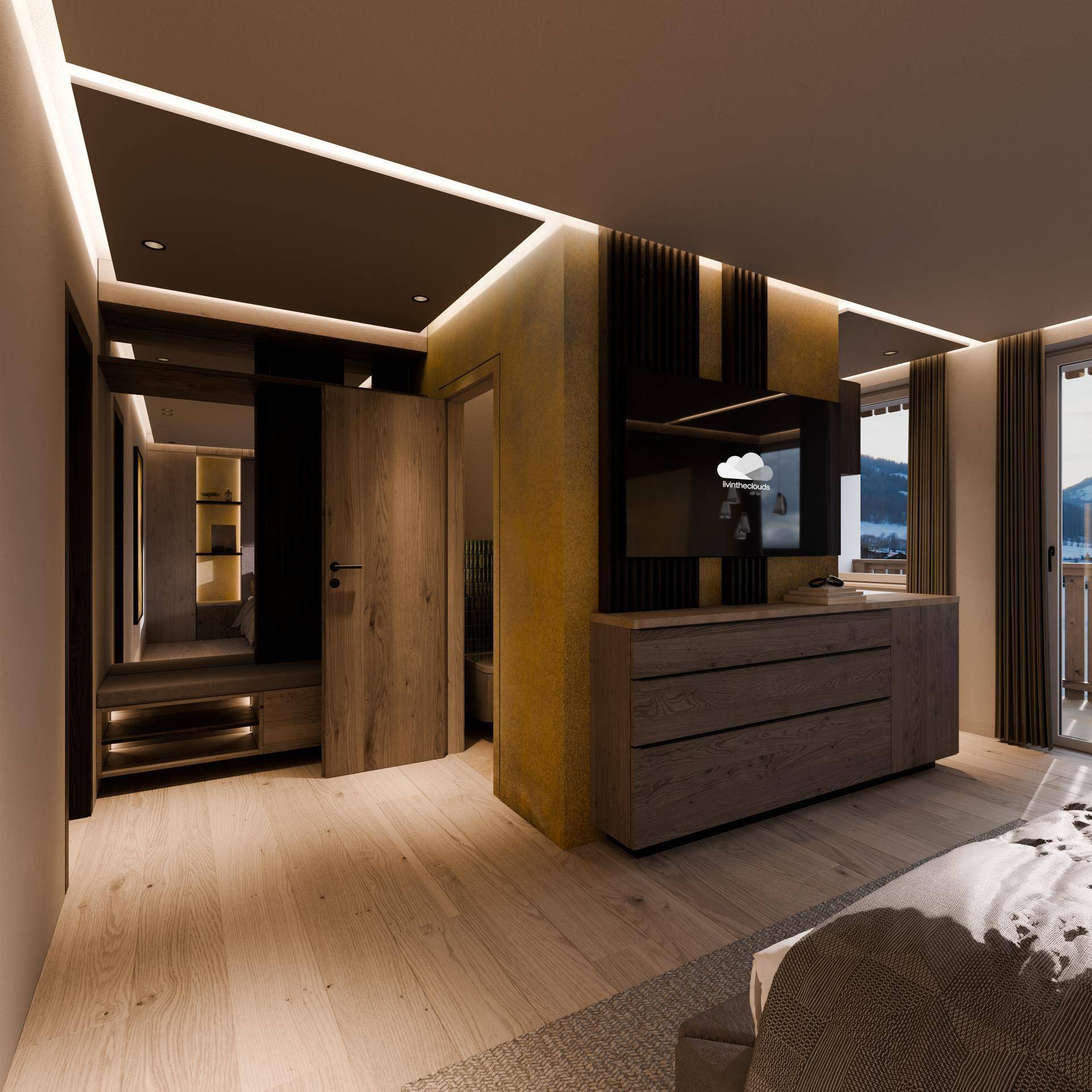 Schlafzimmer mit integriertem TV-Möbel, Holzelementen und Zugang zu einem weiteren Raum.