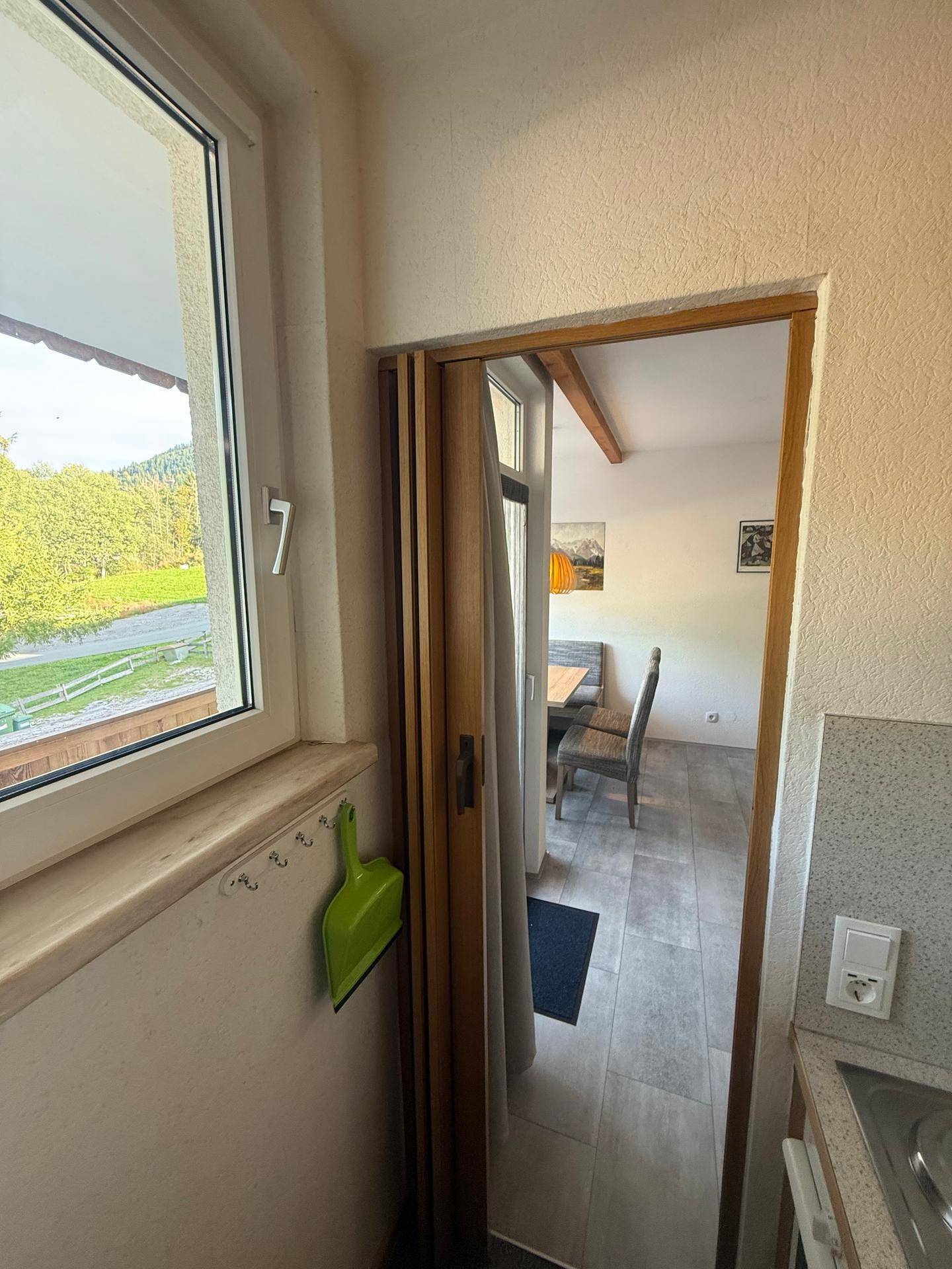 Küchenzeile mit Durchgang zum Wohnbereich und Blick nach draußen.