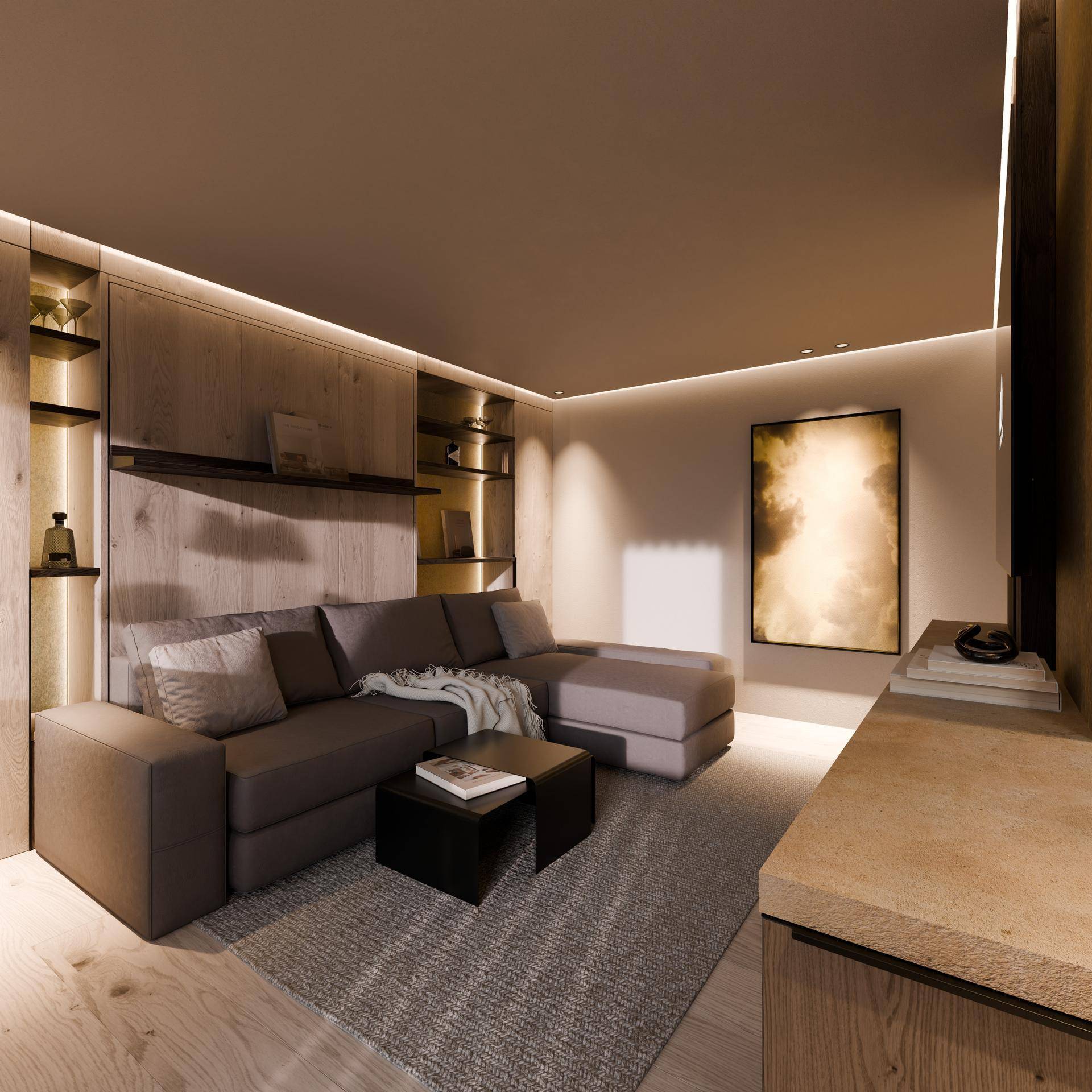 Stilvolles Wohnzimmer mit großem Ecksofa, integrierten Regalen und indirekter Beleuchtung.