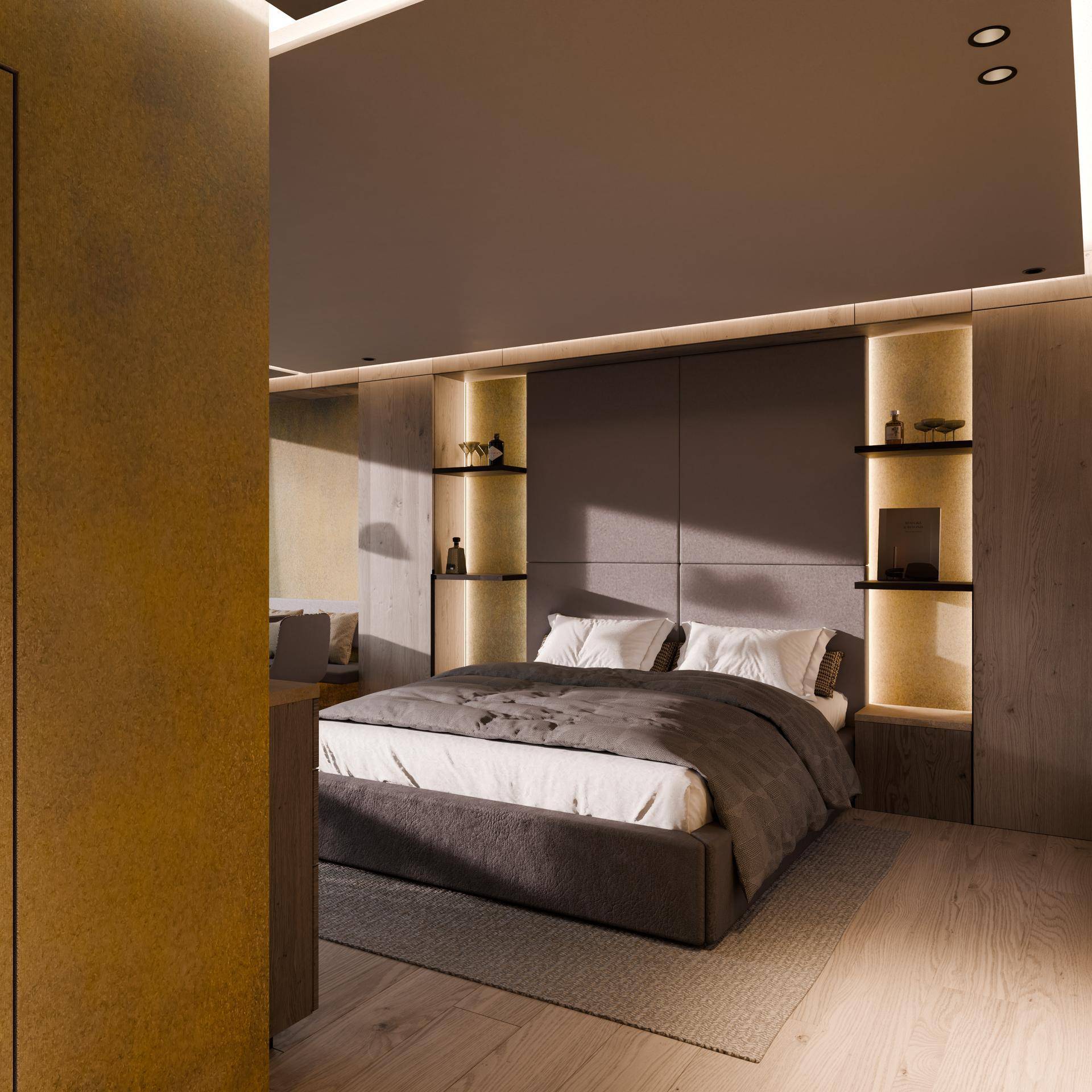 Elegantes Schlafzimmer mit komfortablem Bett und stilvollen beleuchteten Wandregalen.
