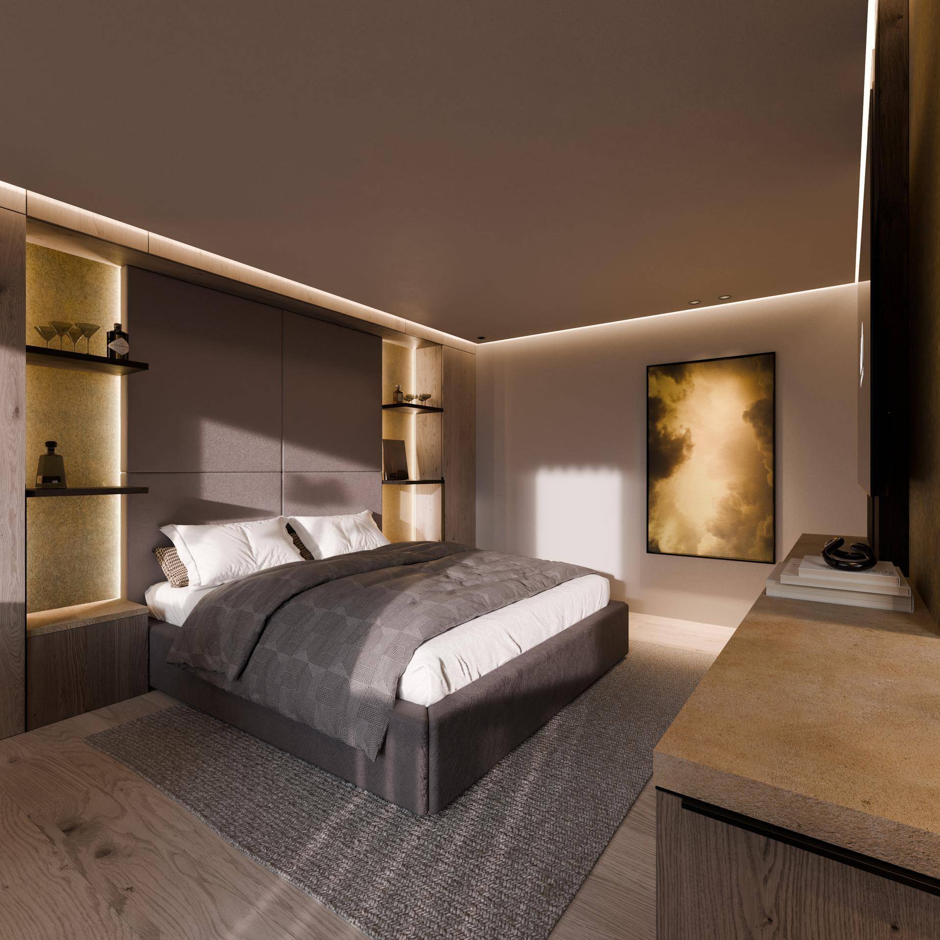 Modernes Schlafzimmer mit großem Bett, integrierten Nachttischen und indirekter Beleuchtung.