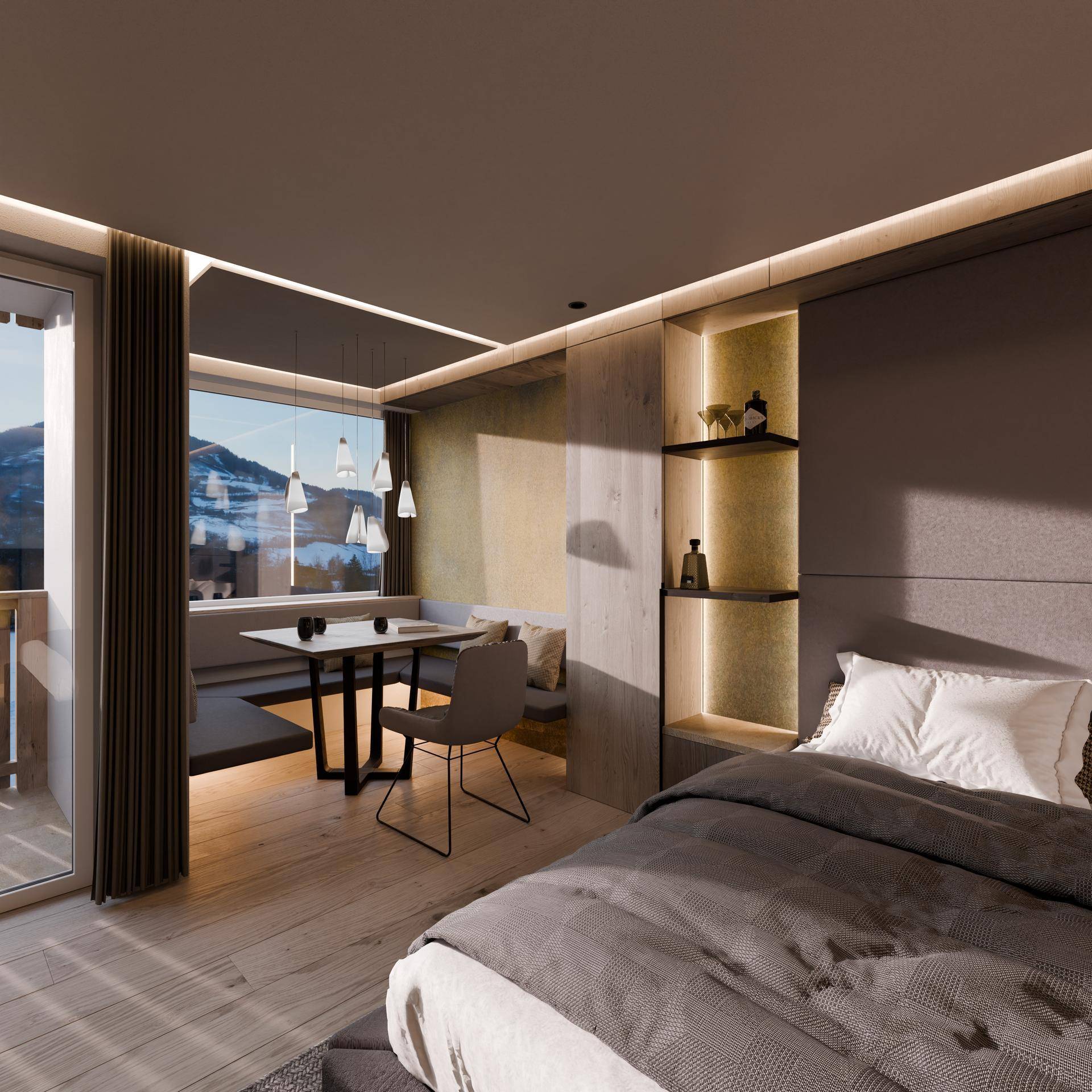 Schlafzimmer mit Essbereich, Bergblick und Balkonzugang in moderner Ausstattung.