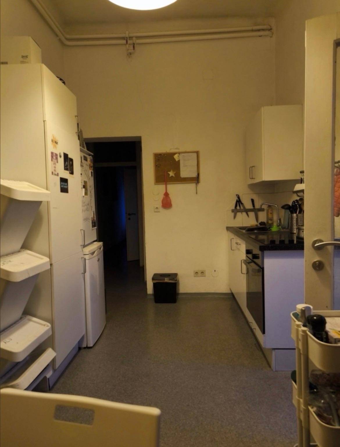 Funktionale Küche mit Kühlschrank, Herd und Spüle, einfach ausgestattet und hell.