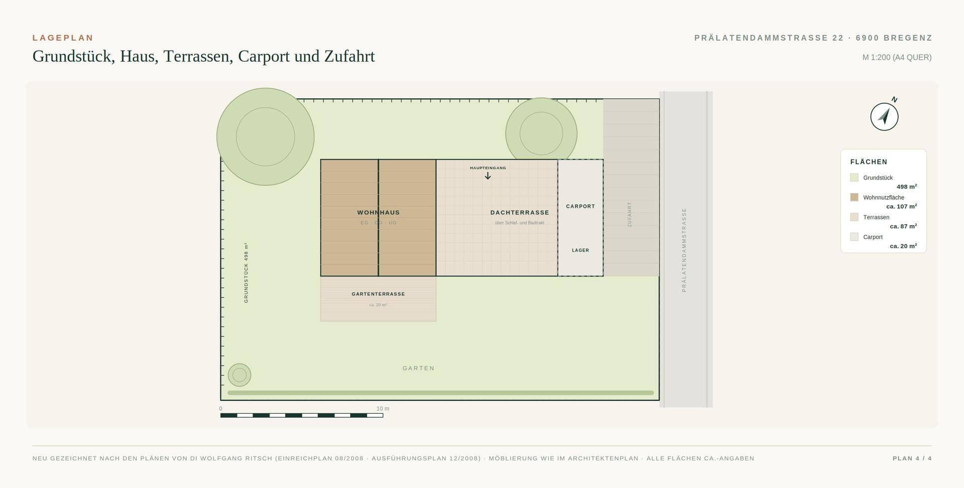 Lageplan des Grundstücks mit Wohnhaus, Dachterrasse, Carport und Gartenbereichen.