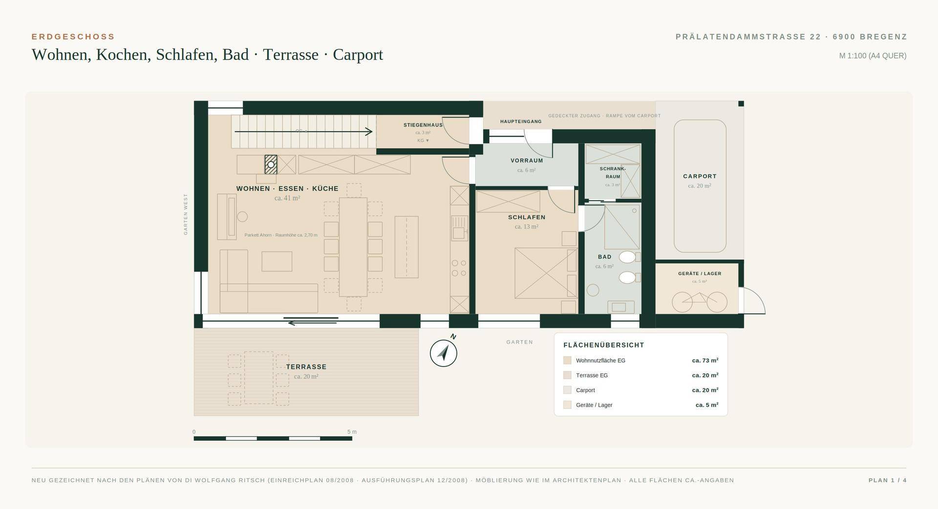 Grundriss des Erdgeschosses mit Wohn-Ess-Küche, Schlafzimmer, Bad, Terrasse und Carport.