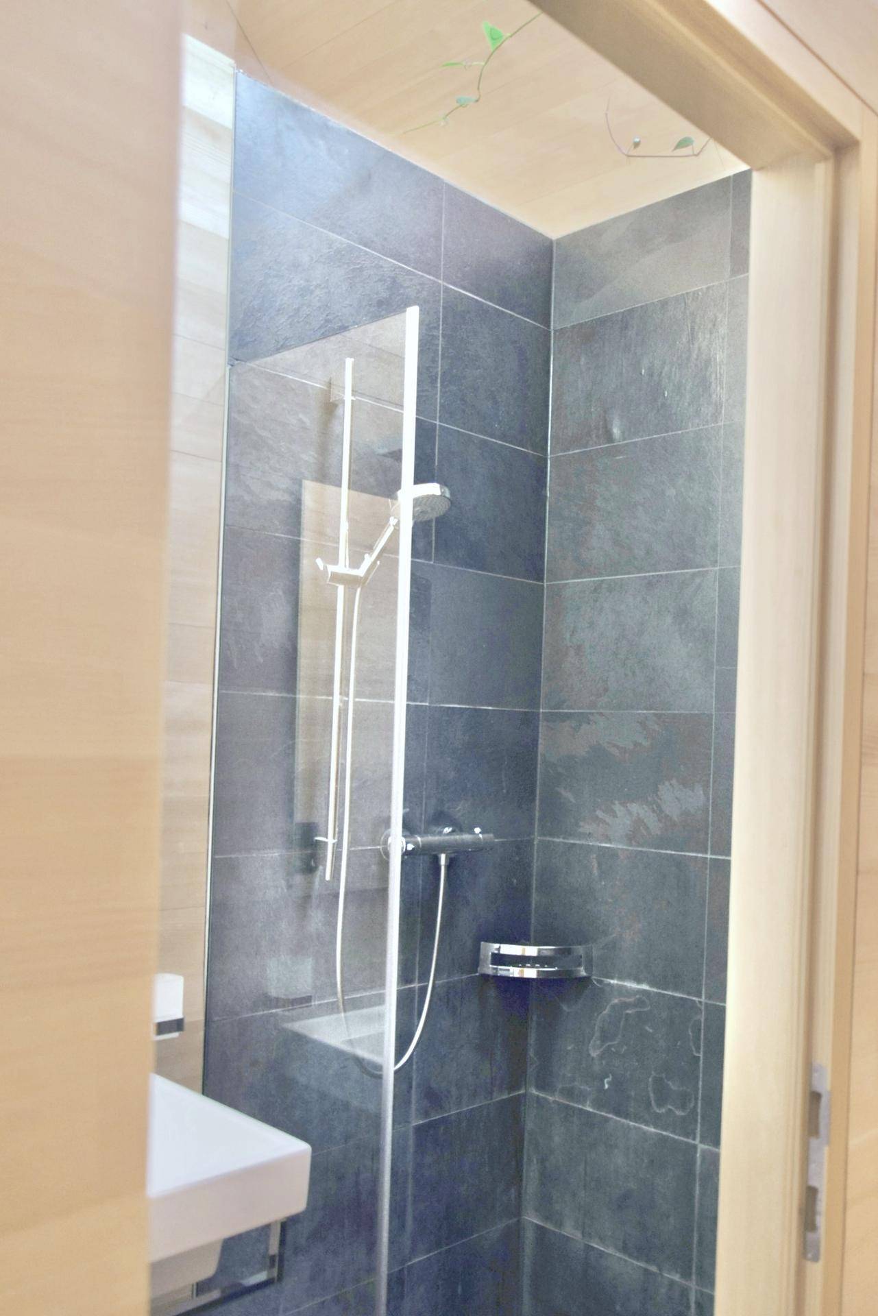 Moderne Duschkabine mit dunklen Fliesen und Glasabtrennung in einem Badezimmer.