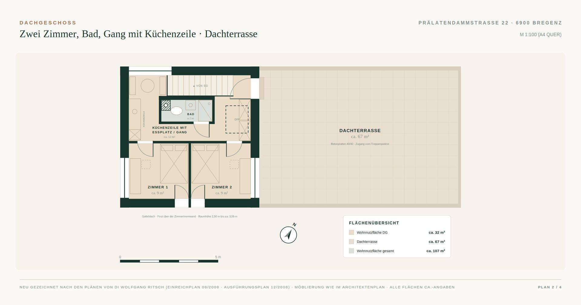 Grundriss des Dachgeschosses mit zwei Zimmern, Bad, Küchenzeile und Dachterrasse.