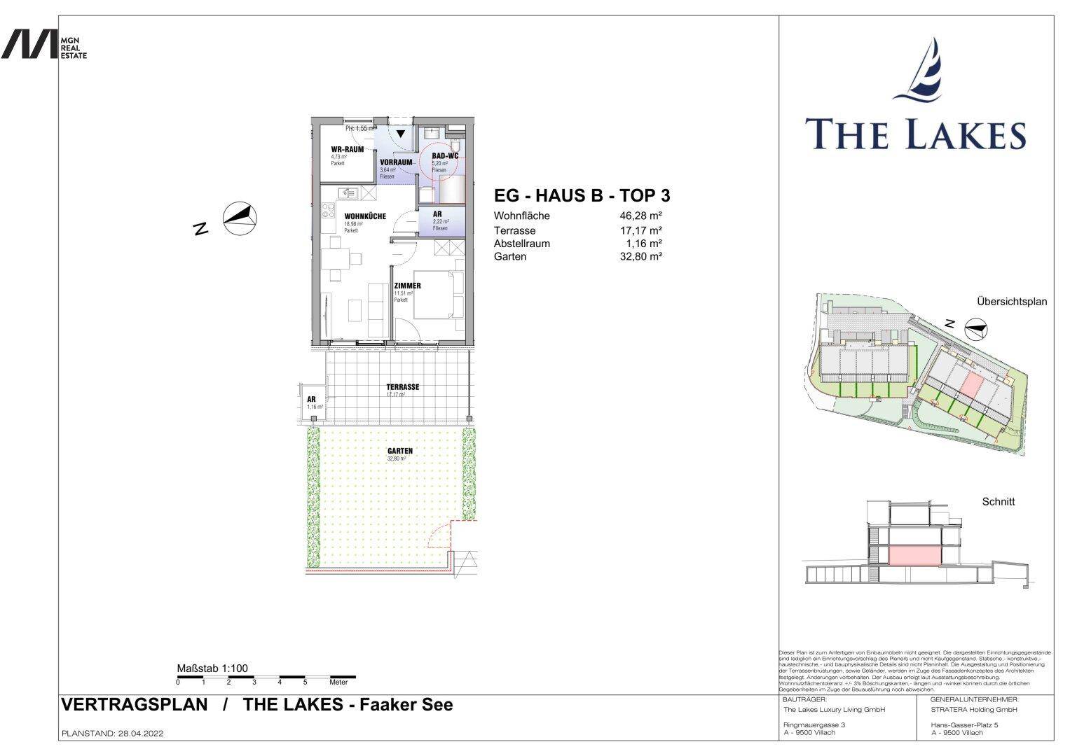 Grundriss für eine Erdgeschosswohnung mit Wohnküche, Schlafzimmer, Bad, Terrasse und Garten.