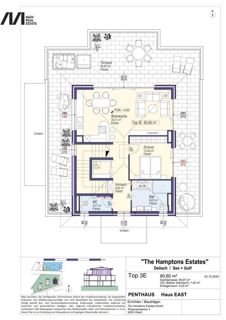 Grundriss eines Penthouses mit offener Wohnküche, Schlafzimmer, Bad und großer Terrasse.