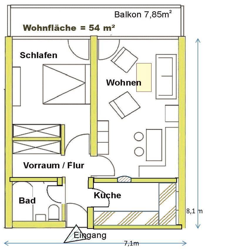 Detaillierter Grundriss einer Wohnung mit Schlafzimmer, Wohnbereich, Küche, Bad und einem großzügigen Balkon.