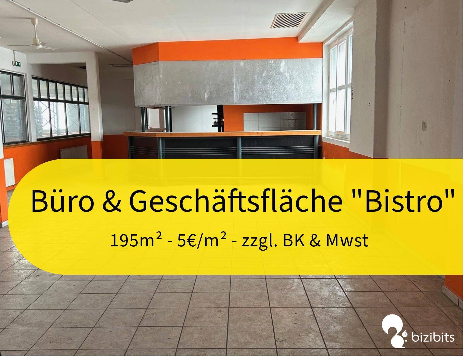 Vielseitige Geschäftsfläche, auch als Bistro nutzbar, mit Thekenbereich und großen Fenstern.