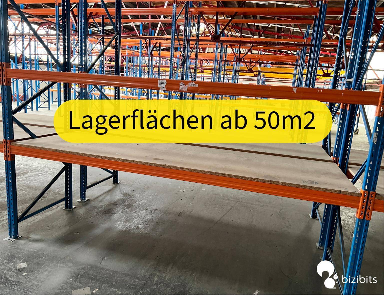 Leere Lagerhalle mit robusten Regalsystemen und viel Platz für zukünftige Lagerflächen.