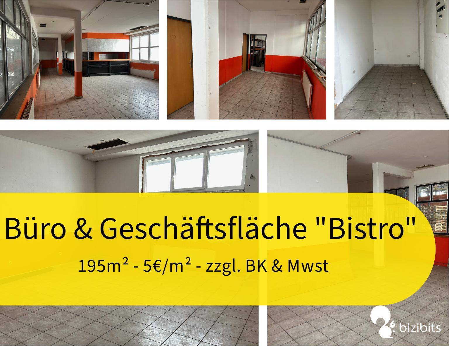 Collage verschiedener Ansichten der flexiblen Büro- und Geschäftsfläche, auch als Bistro geeignet.