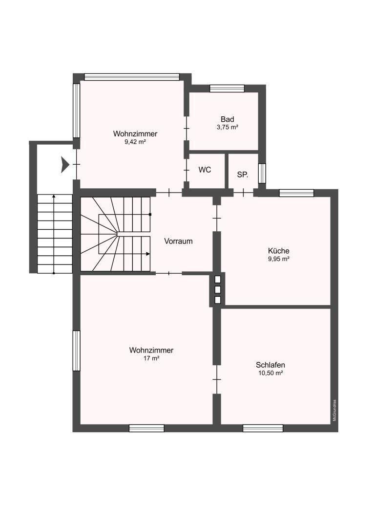 Grundriss des Erdgeschosses mit Wohnzimmer, Küche, Schlafzimmer, Bad und separatem WC.