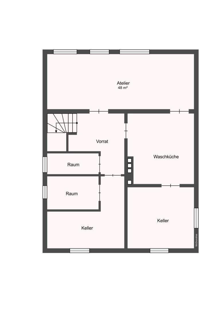 Grundriss des Untergeschosses mit Atelier, Vorratsraum, Waschküche und Kellerräumen.