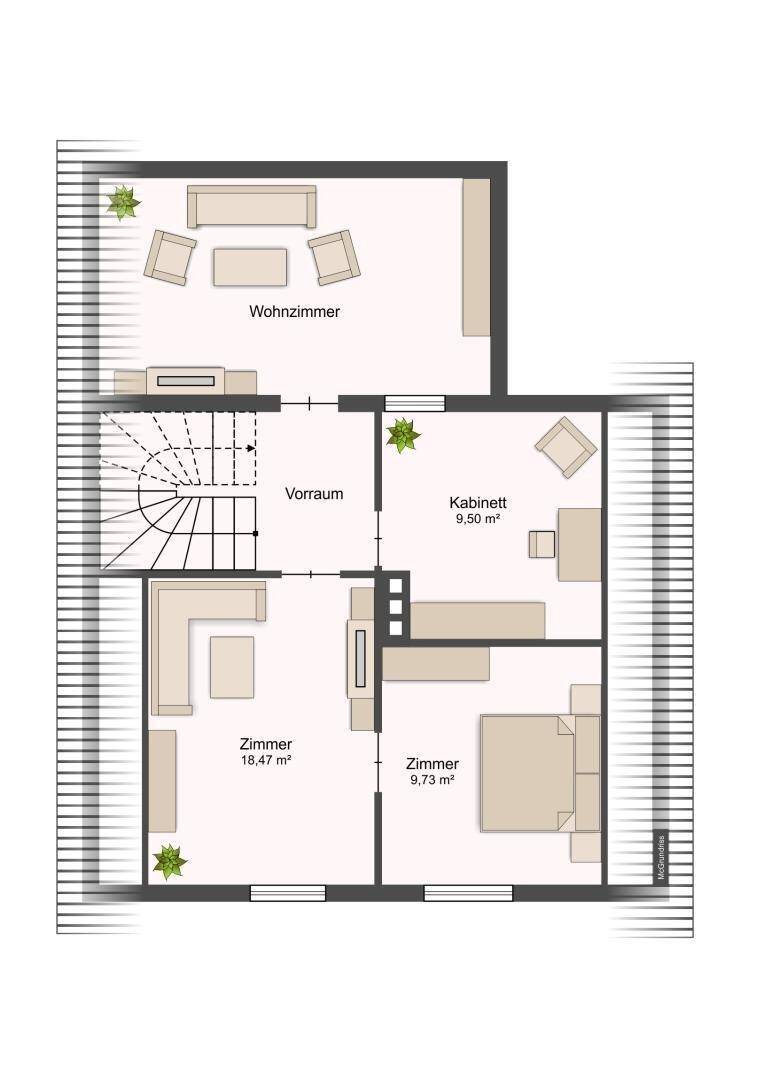 Grundriss des Obergeschosses mit Wohnzimmer, Kabinett und weiteren Zimmern.