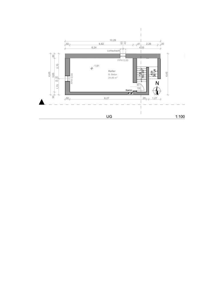 Grundriss des Untergeschosses mit Kellerraum und Treppenaufgang, detailliert dargestellt.