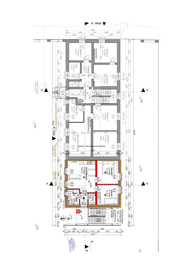 Detaillierter Grundriss eines Gebäudes mit mehreren Wohneinheiten und Treppenhaus auf einer Ebene.