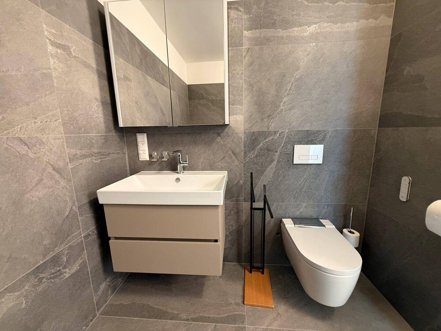 Modernes Badezimmer mit grauen Fliesen, wandhängendem WC und Waschbecken mit Unterschrank.
