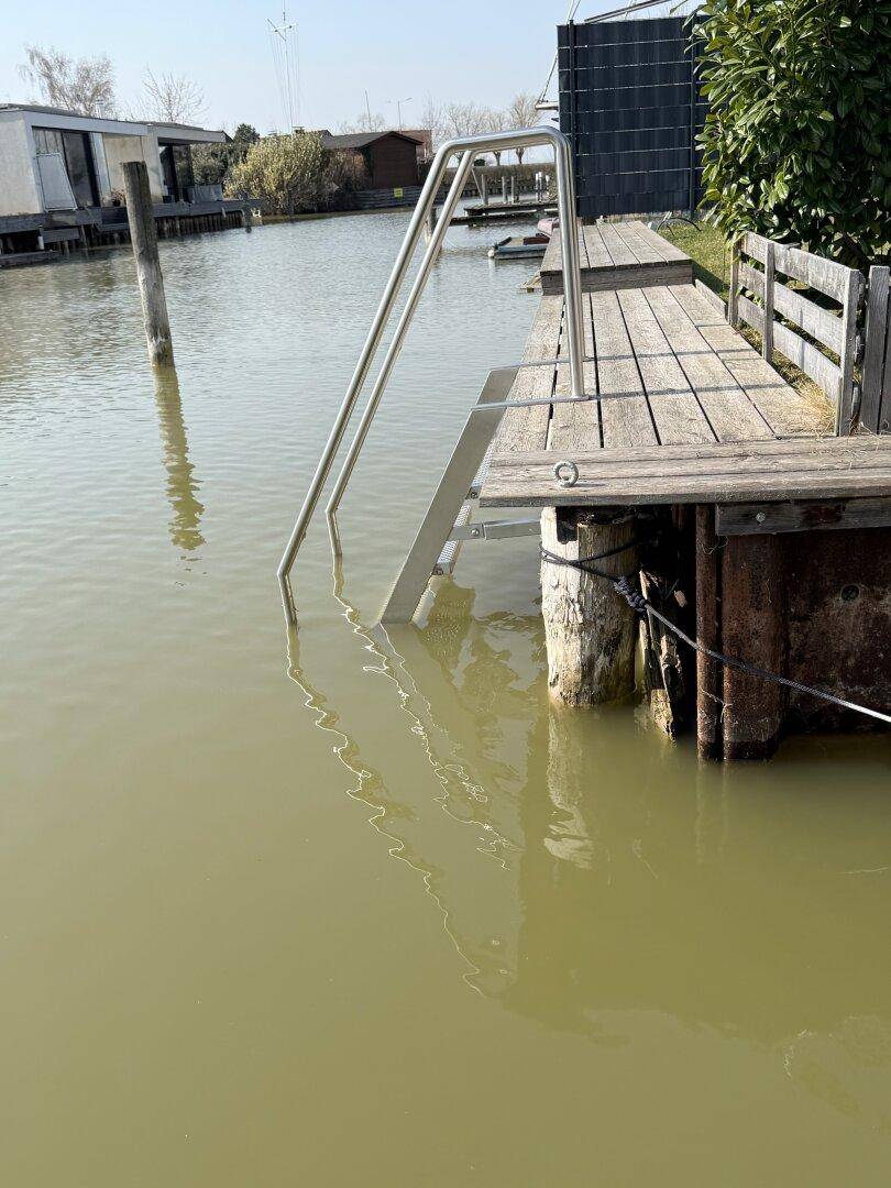 Holzsteg mit Badeleiter am Ufer eines Gewässers.