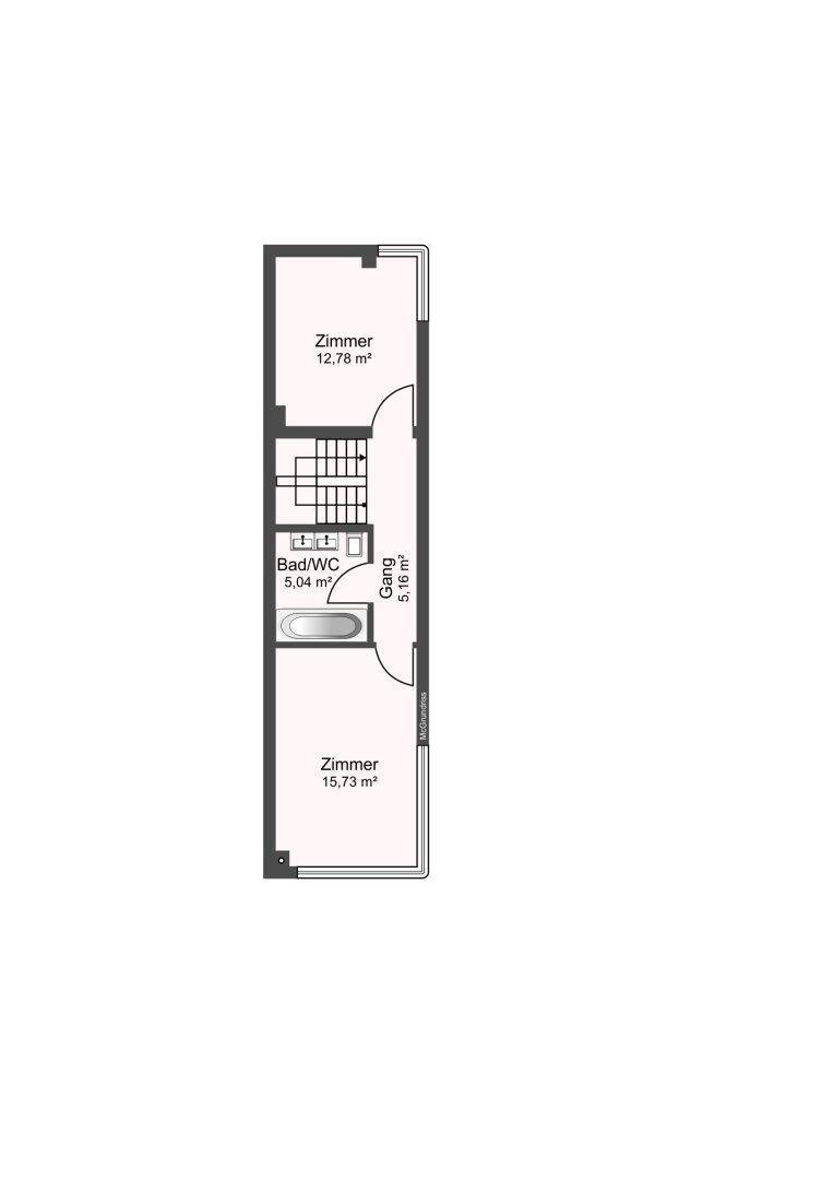 Grundriss des Obergeschosses mit zwei Zimmern und einem Badezimmer.