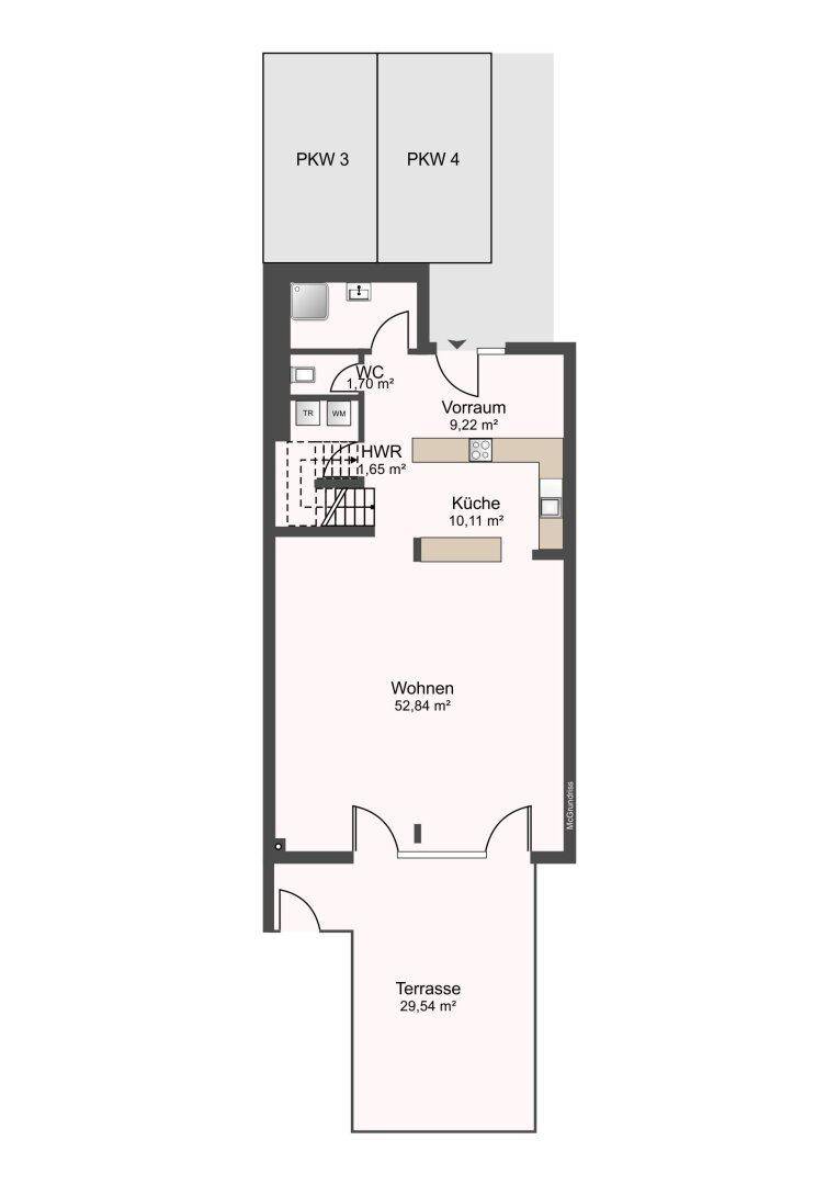 Grundriss des Erdgeschosses mit Wohnbereich, Küche, WC und Terrasse.