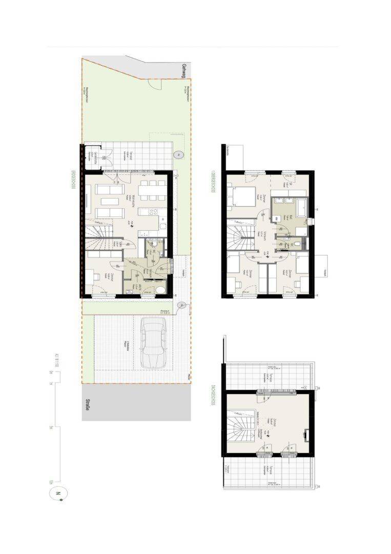 Grundrissplan zeigt die Aufteilung eines Hauses über mehrere Etagen mit Garten und Parkplatz.