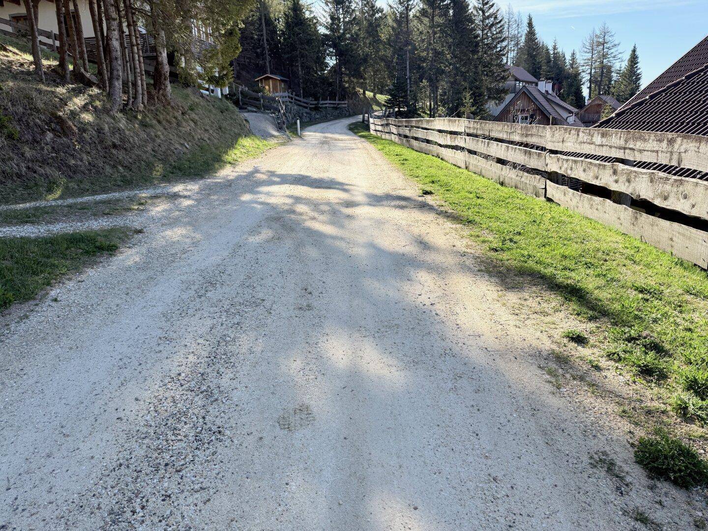 Unbefestigter Weg in ländlicher Umgebung, umgeben von Bäumen und Zäunen.