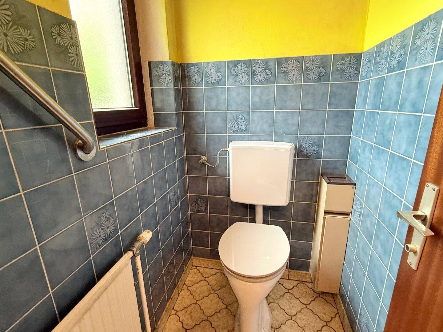 Separate Toilette mit blauen Fliesen, Fenster und Haltegriff für zusätzliche Sicherheit.