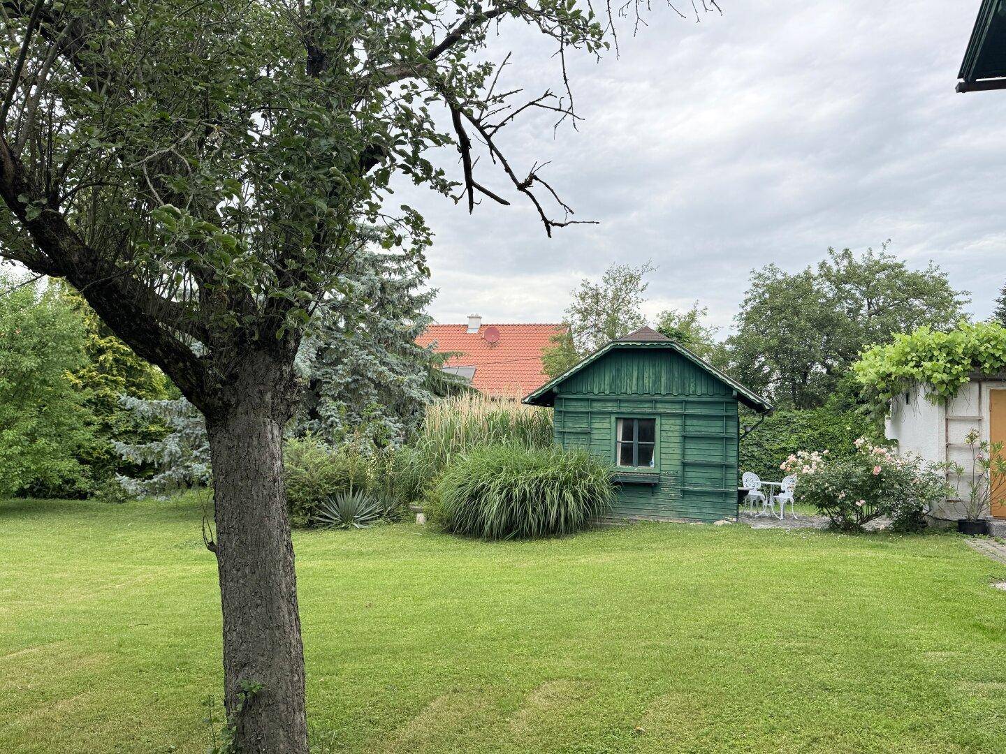 Großer grüner Garten mit Rasenfläche, Bäumen und einem kleinen grünen Gartenhaus.