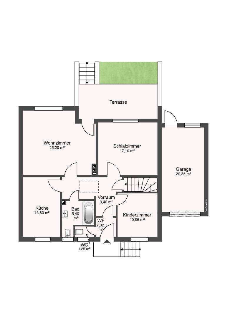 Dieser Grundriss zeigt ein Haus mit Wohnzimmer, Küche, zwei Schlafzimmern, Bad, separatem WC und einer Terrasse.
