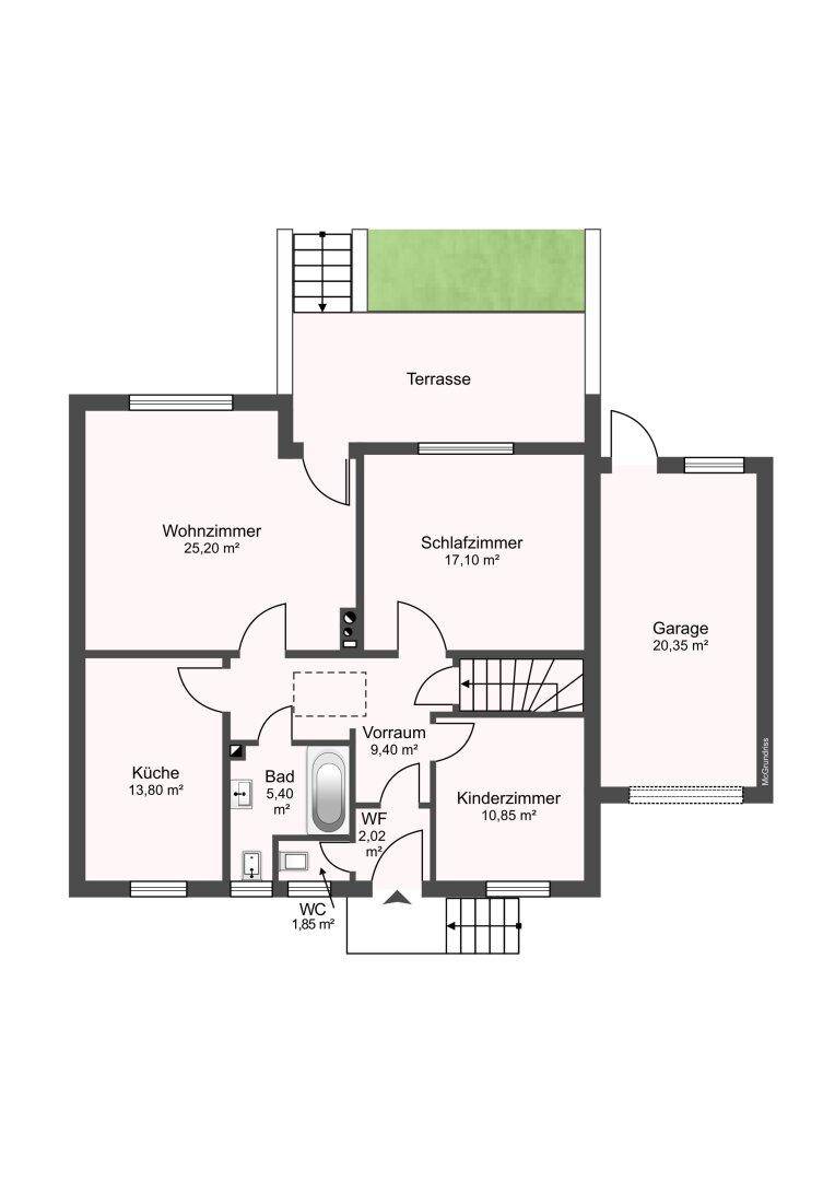 Dieser Grundriss zeigt ein Haus mit Wohnzimmer, Küche, zwei Schlafzimmern, Bad, separatem WC und einer Terrasse.