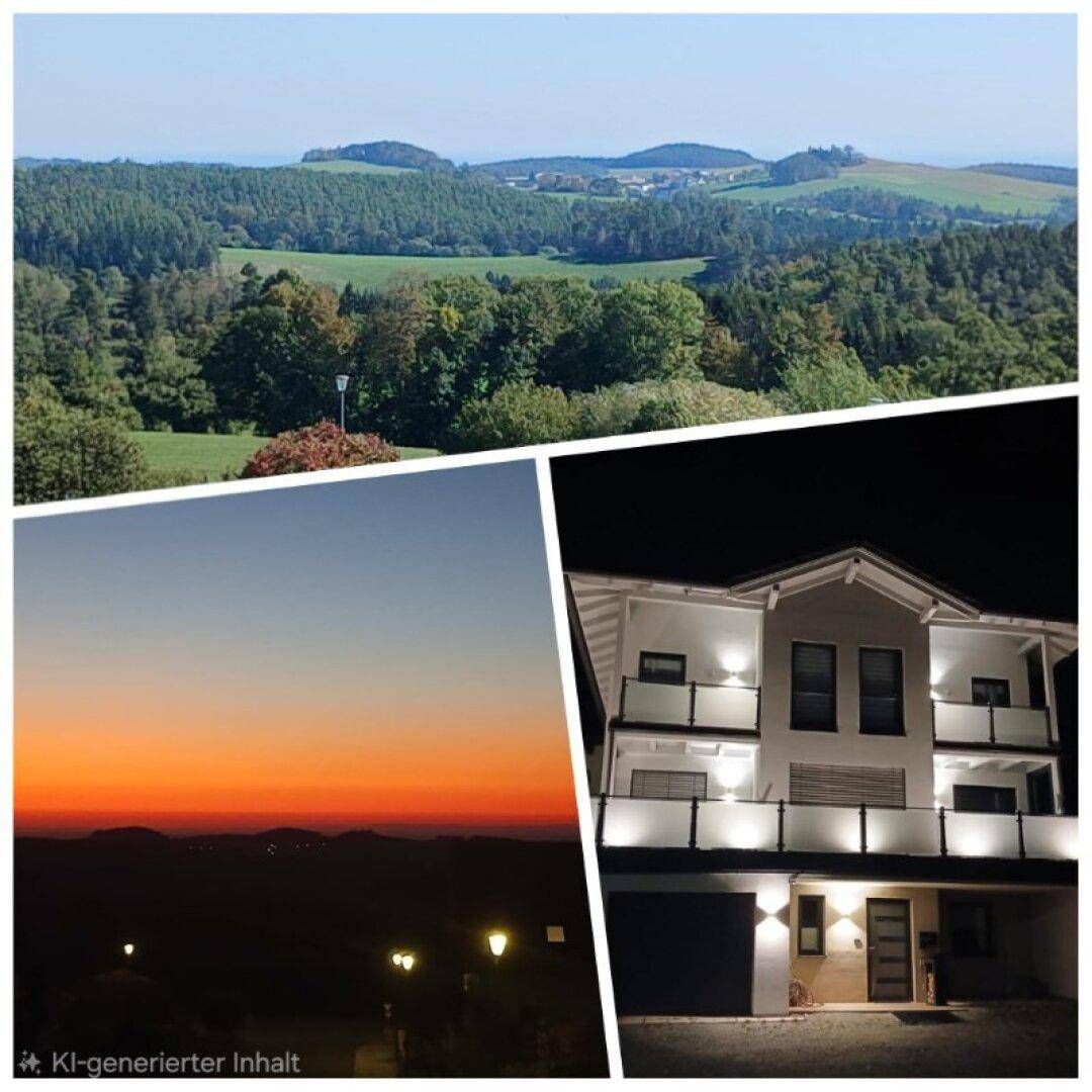 Collage mit Panoramablick auf grüne Hügellandschaft, Sonnenuntergang und das beleuchtete moderne Haus bei Nacht.