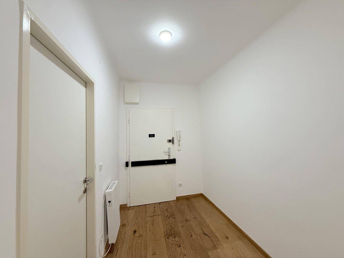 Heller Eingangsbereich mit Holzboden und weiß gestrichenen Wänden, einladend und funktional gestaltet.